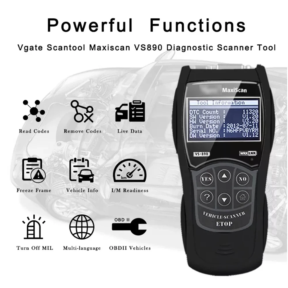 Vgate VS890 OBD2 Scanner Diagnostic Tool Code Reader Live Data Read Clear Fault Universal Vgate Maxiscan Scan Car Engine Tester