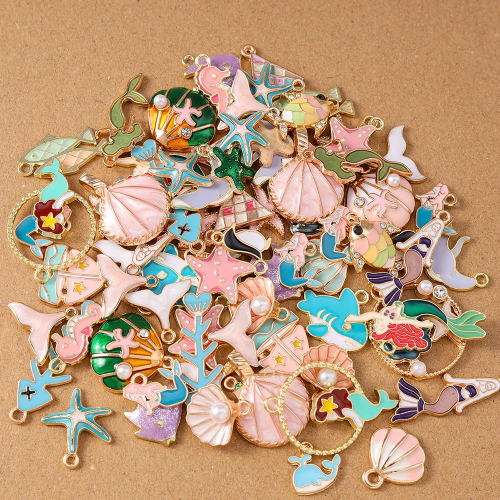 10pcs Random Mix Marine life Charms Starfish Shell Fish Mermaid Pendants for Jewelry Making DIY Necklace Earrings Accessories