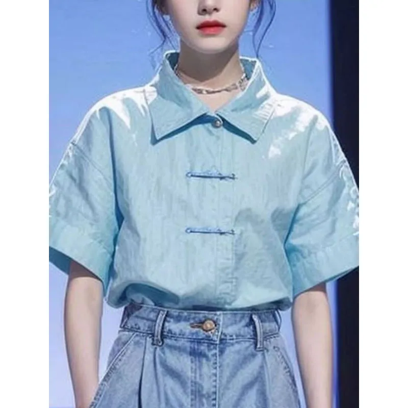 بلوزة نسائية برقبة بولو أحادية اللون ، أنيقة وكلاسيكية ، قميص بسيط ونصف كم للركاب ، تصميم صيني ، جديد في الصيف ، #4