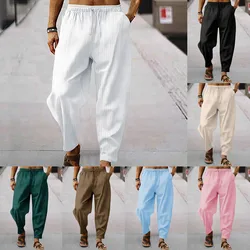 Men's Pants Summer Casual Fashion Striped Cotton Linen Breathable Loose Solid Color Pocket Sports Straight Trousers