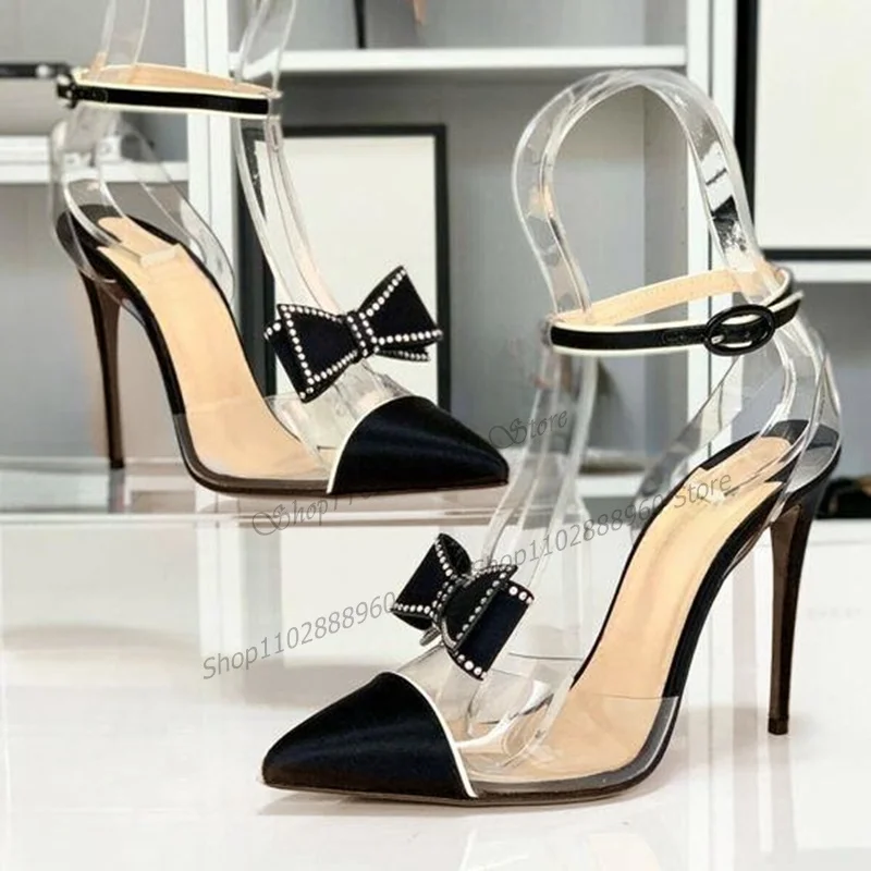 

T-Strap PVC Bow Knot Crystal Decor Sandals Thin High Heel Women Shoes Ankle Buckle Strap Pointed Toe 2023 Zapatos Para Mujere