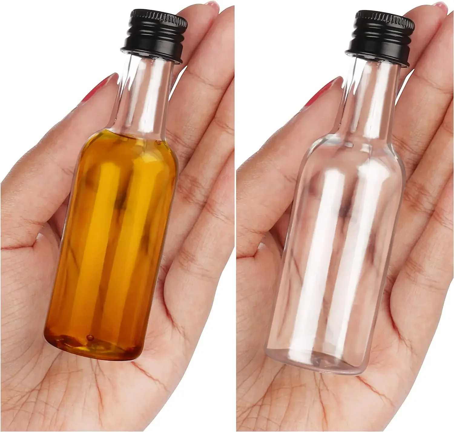 2oz Mini Liquor Bottles  Reusable Plastic 60ml Empty Spirit Bottles with Screw Caps and Liquid Funnel for Easy Pouring 50Pcs