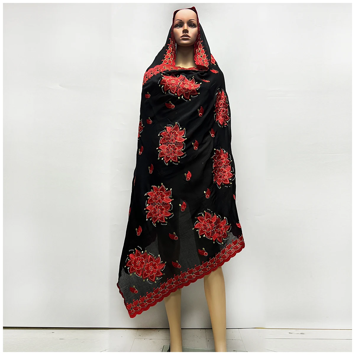 High Quality 100% Cotton Fabric Rayon Cotton Thread Eembroidered Scarf African Women Hijab Muslim Scarf Dubai Excellent Style