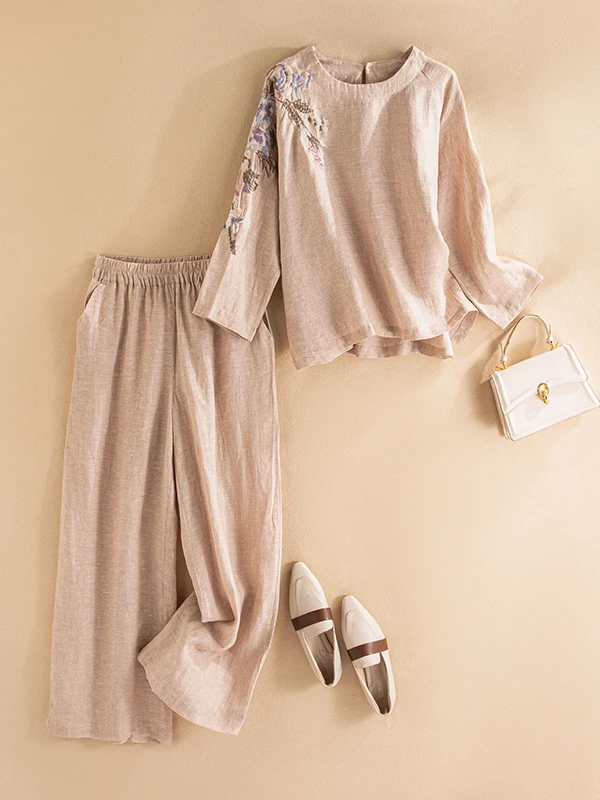 

Retro Cotton Linen Fashion Set Heavy Embroidery Long Sleeve round Neck T-Shirt Elastic Waist Wide Leg Pants Casual Two Piece Set