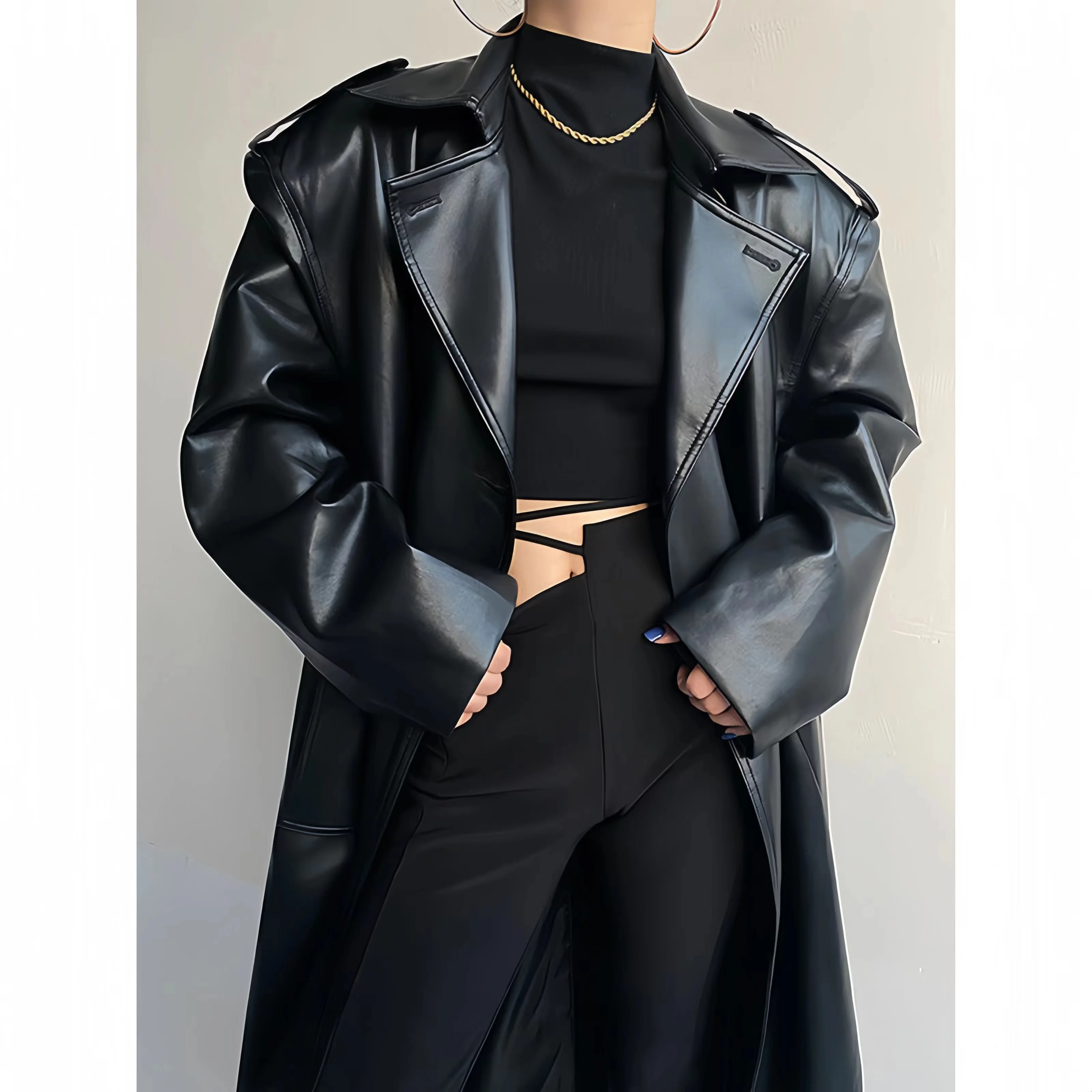 Leather Coat for Women, Adjustable Waist Long PU Jacket, V-Neck Clothes,England Style,High Quality, Autumn and Winter,2024