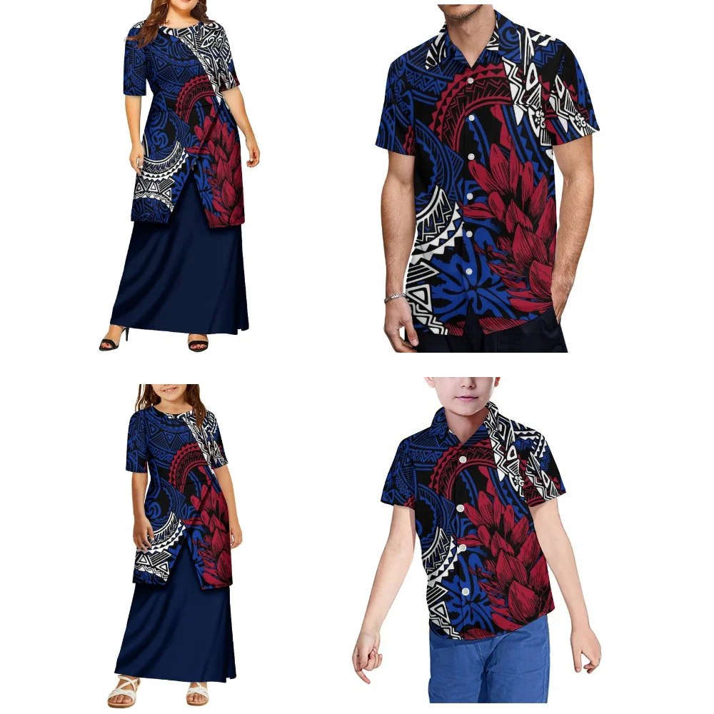 Summer Round-Neck Women, Girls Puletasi Custom Men Boys Shirts Fashionable Parent-Child Outfits Polynesian Family Sets