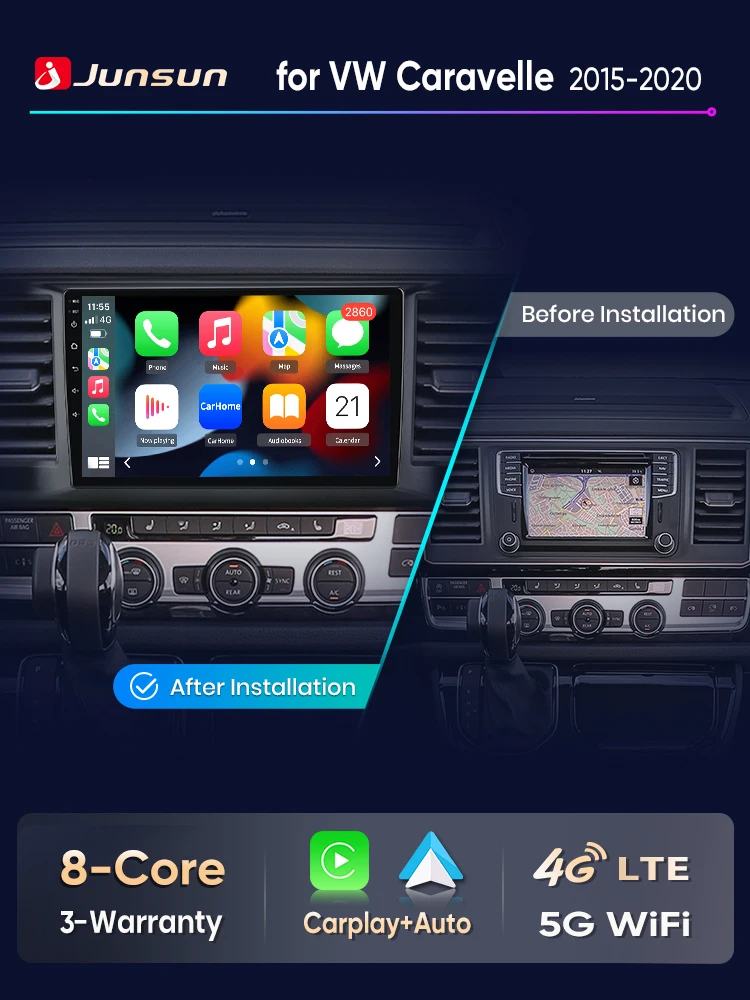 Junsun Kabelloses CarPlay Android Auto Autoradio für VW Volkswagen Transporter T6 Caravelle Multivan T6.1 2015-2020 Android 15 GPS Multimedia-Player WiFi 4G BT DSP RDS IPS Touchscreen Stereo Autoradio