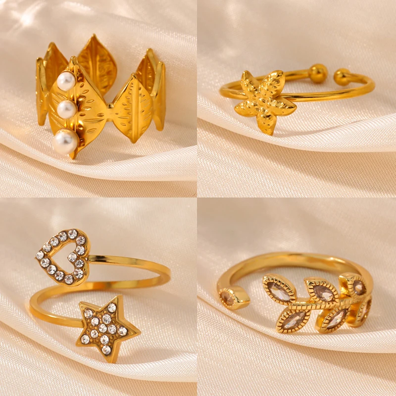 

Imitation Pearl Tree Leaf Rings for Women Gold Color Heart Star Ring Aesthetic Wedding Jewelry Gift