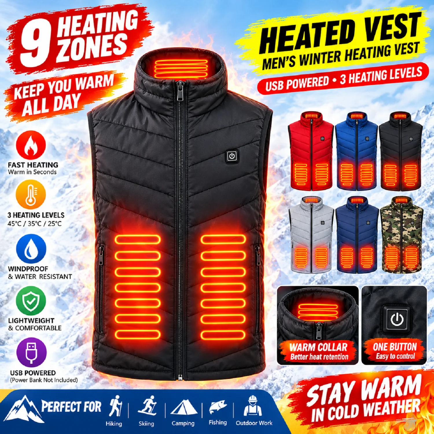 Self Heated Vest Jacket for Men Women Graphene Electric Heated Coat with USB Heating Outdoor Sports Warm Jacket for Camping