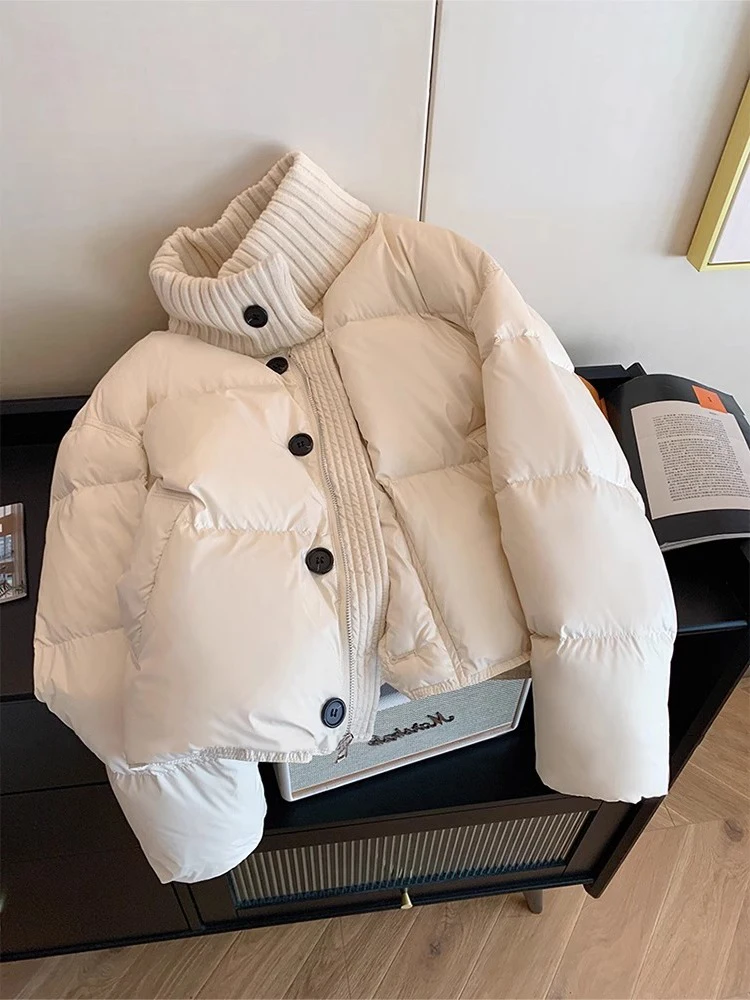 Women's White Cropped Padded Jacket Warm Thicken Patchwork Parka Jacket Harajuku Vintage 2000s Winter Outerwear Turtleneck Coats