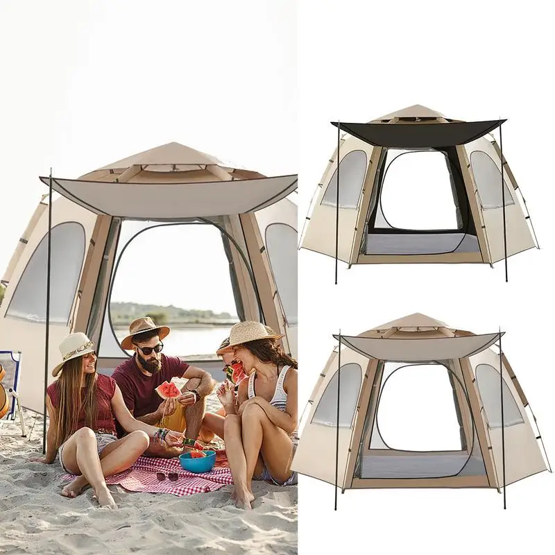 

Camping Automatic Tent With Canopy Waterproof Pop Up Dome Tent With Windows Portable 5-8 Person Hexagonal Tent For Camping