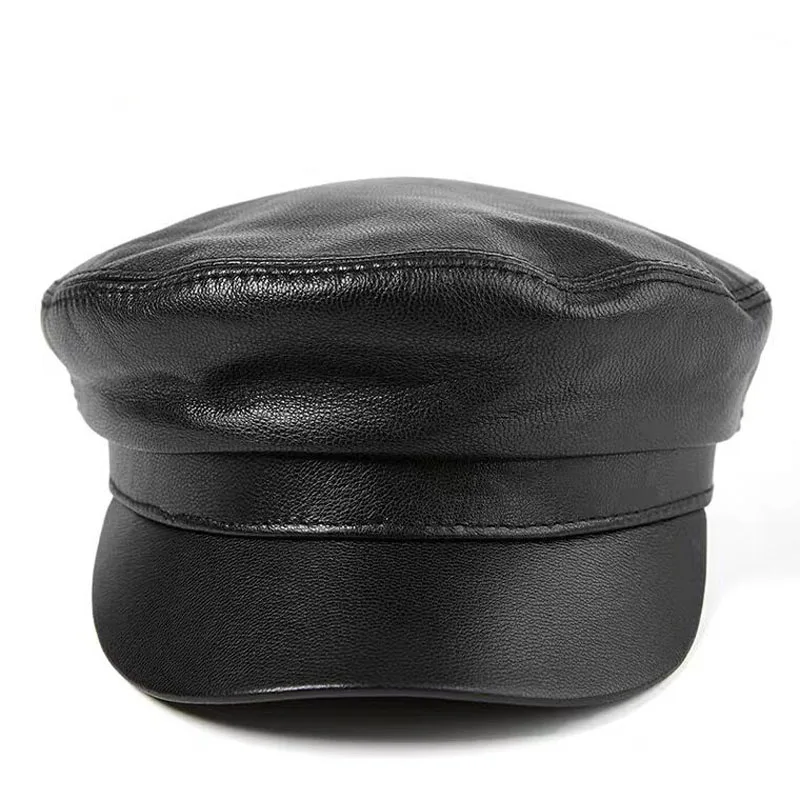 Spring/Winter Real Sheepskin Leather Rider Style Genuine Leather Fashion Army Cap Box Hat Cadet Visor Women Men's Baseball Hats