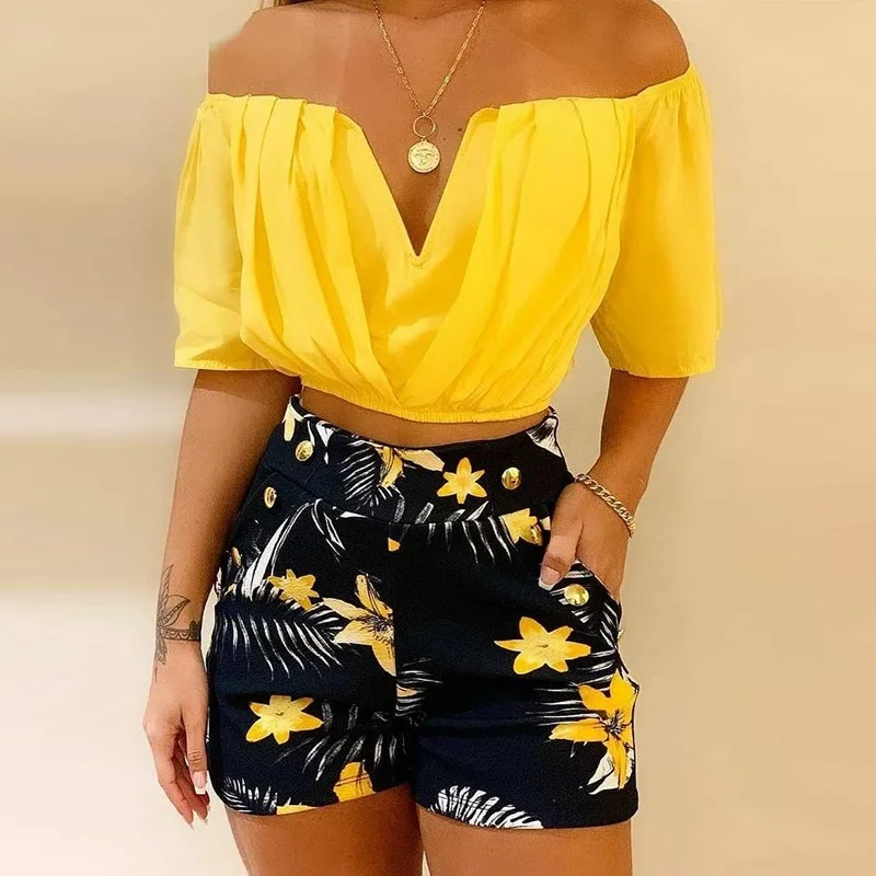 

Fashionable Pure Color Top Print Shorts Set Women's Casual Sportswear Polyester Fabric Summer Collection 18-25 Years Old