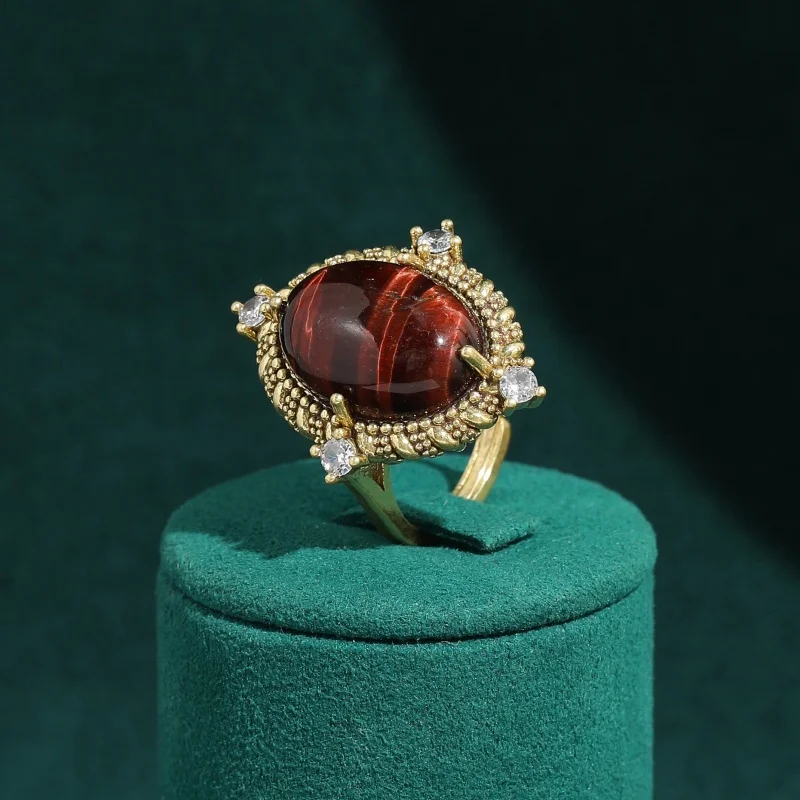 

Vintage Woman Rings Luxury Oval Tiger Eye Natural Stone Gold Color Jewelry Trends 2026 High Quality Music Party Accessories Gift