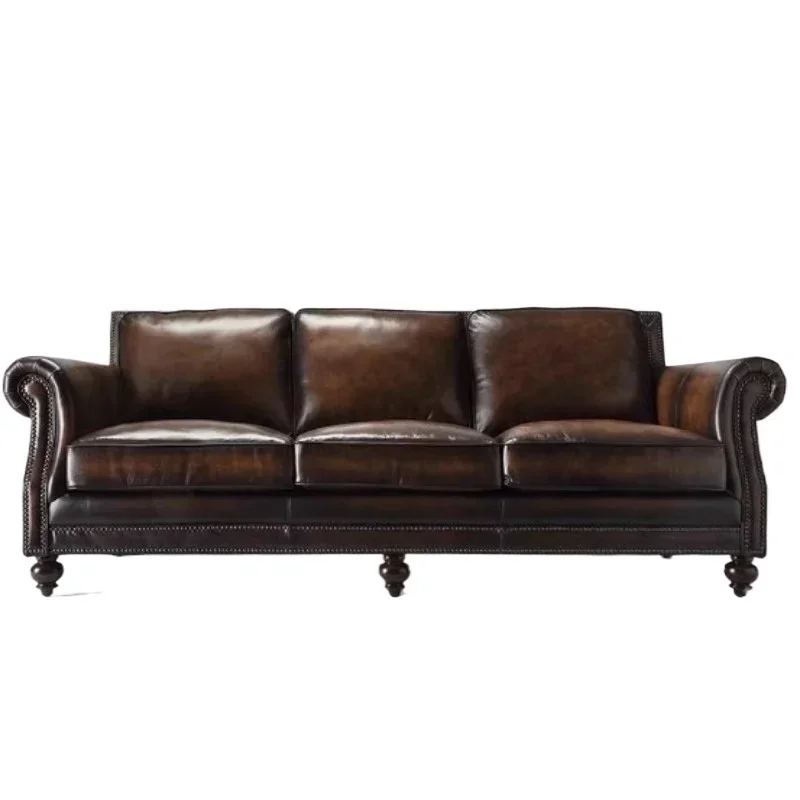 

American leather sofa small apartment living room retro single double three-person oil wax leather simple European leather