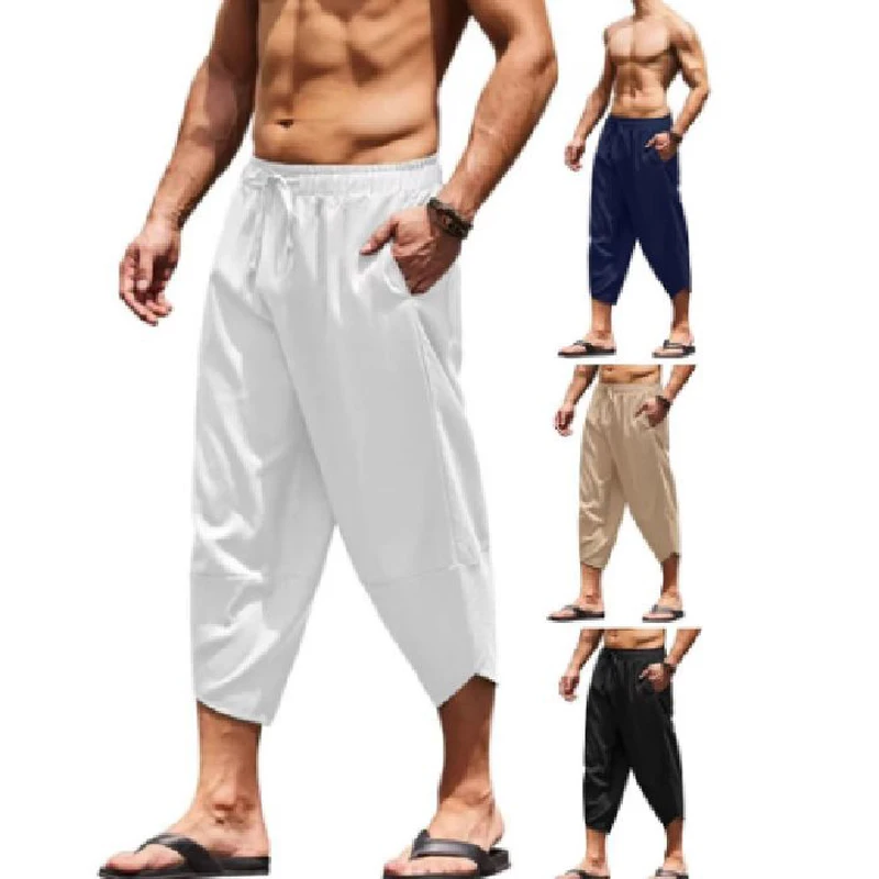 Men Summer Solid Color Capri Pants Harem Shorts Men Elastic Waist Drawstring 3/4 Length Cropped Trousers Baggy Sweatpants