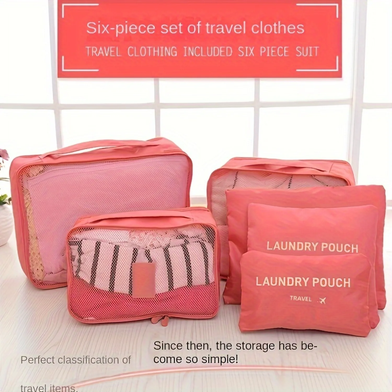 6pcs/set Single Color Travel Organizer Set, Clothes Packing Cubes, Waterproof Laundry Pouch, Underwear Bag, Cosmetic Case, Toile