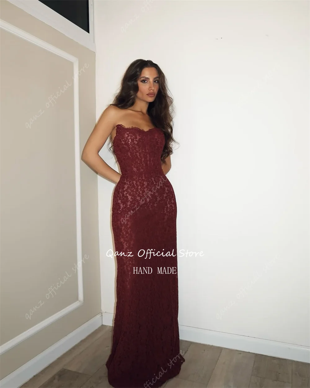 Qanz Burgundy Lace Appliques Vestidos De Fiesta Sweetheart Corset Back Evening Dresses Evening Dresses Woman Elegant Customized image 3