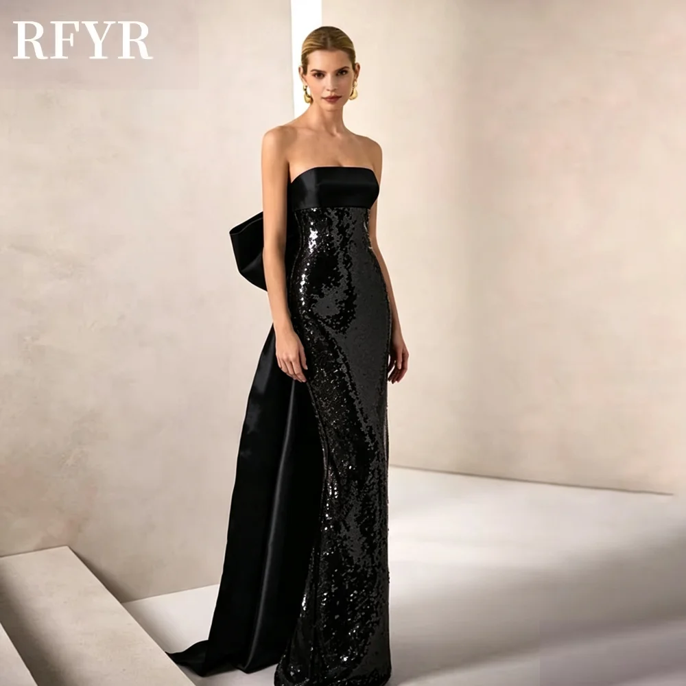 RFYR Mermaid Evening Dress Sequined Prom Dress with Bow Back Party Dress Strapless Celebrity Dress for Arabic Women Customized image 4