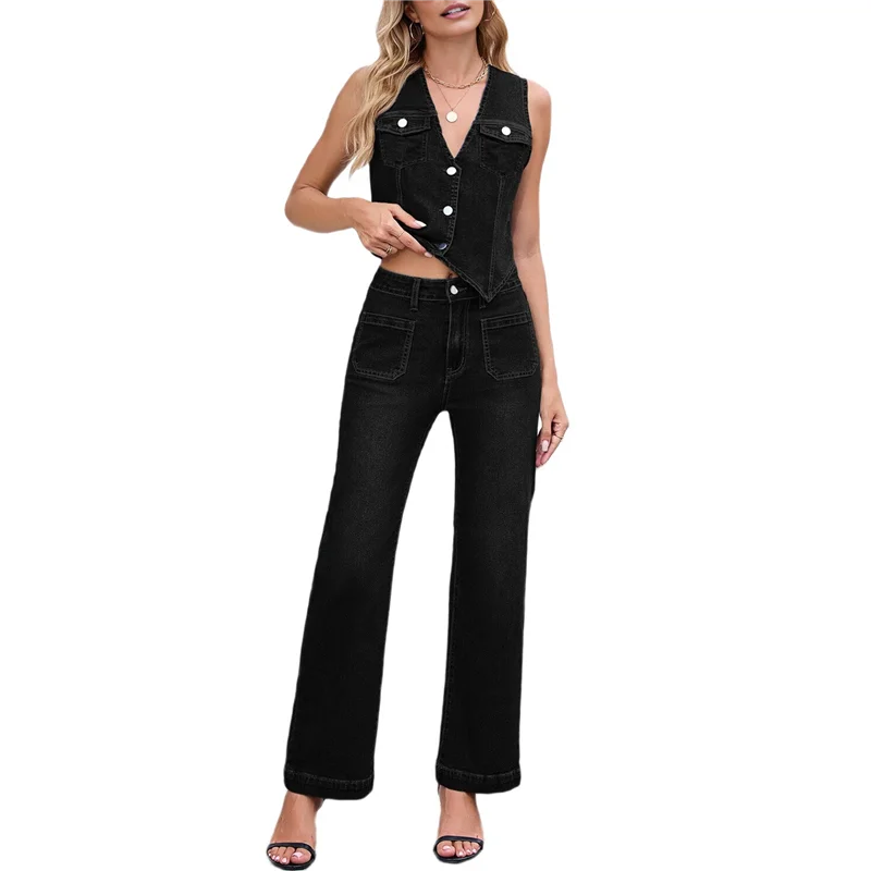 

ABP-Женский джинсовый комплект из 2 предметов, джинсовый жилет без рукавов на пуговицах, рубашка Y2k, широкие джинсы, брюки-палаццо