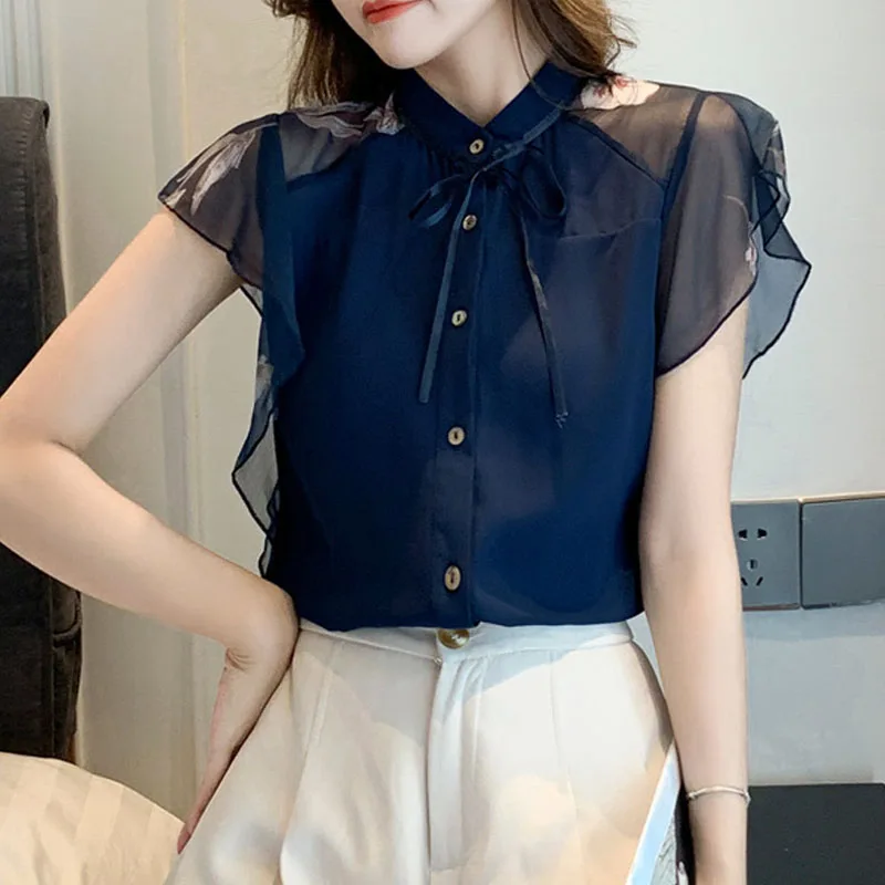 Korean Version Summer Fashion Sleeveless Women Shirt Stand Collar Bow Print Ruffles Chiffon Shirt Blouse Women Tops Camisas C18