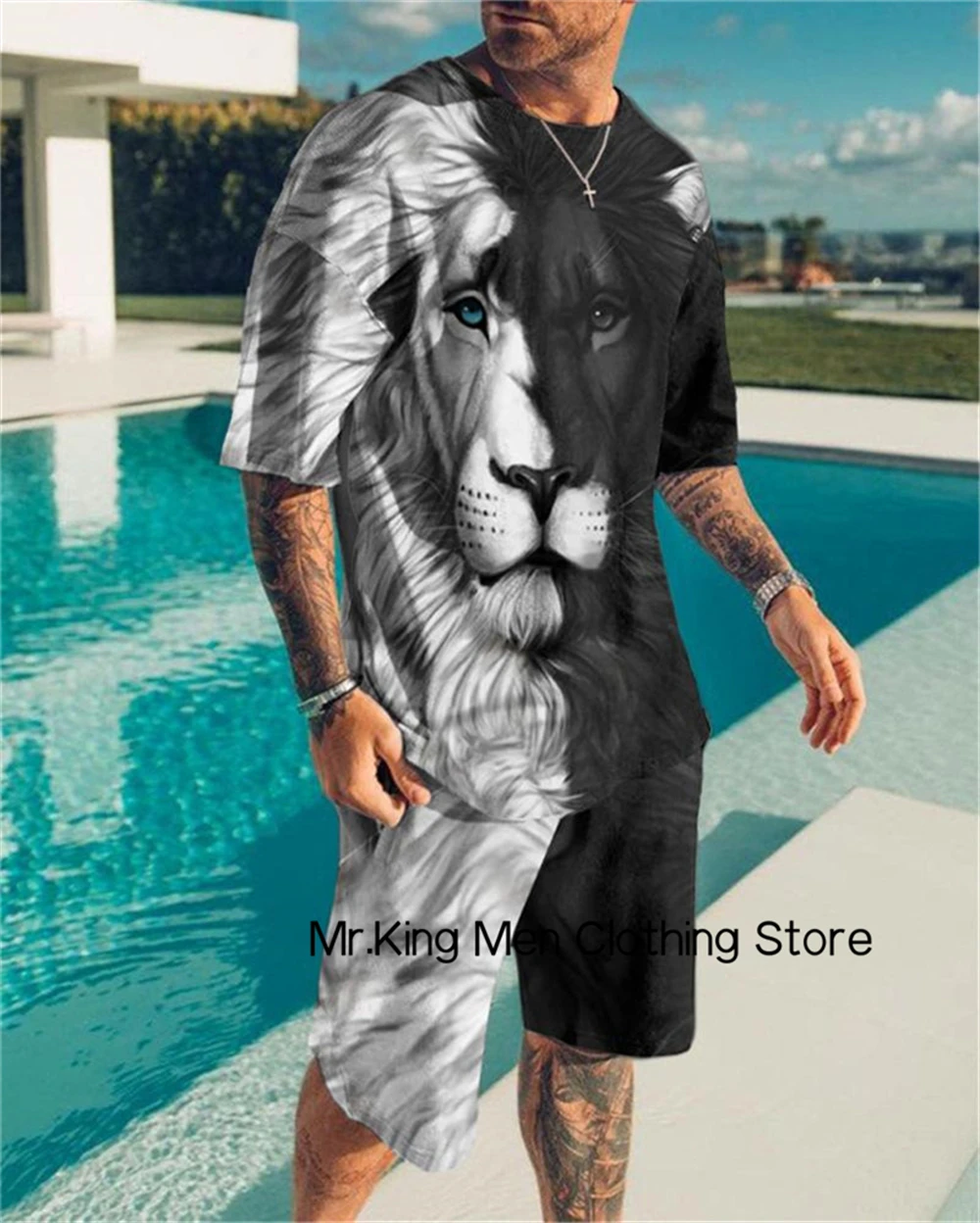 

Summer New Men's 3D Lion Tiger Print T-shirt Shorts Suit Leisure Vacation Sportswear 2-piece Outdoor Jogging T-shirt Shorts set