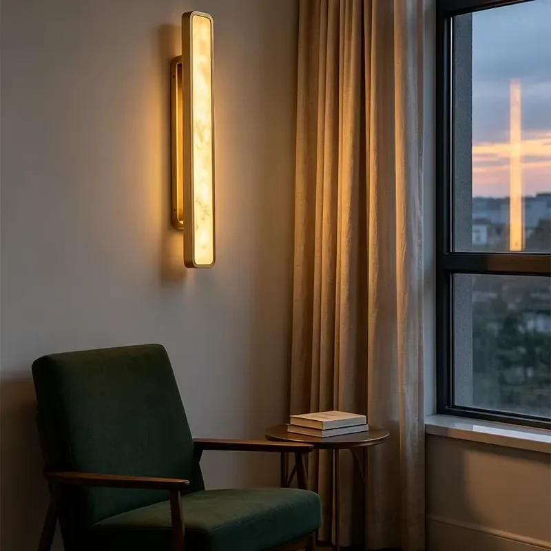 Minimalist Long Marble Wall Light, All-Copper Chic LED Wall Lamp for Bedroom, Bedside, Hallway, and Corridor