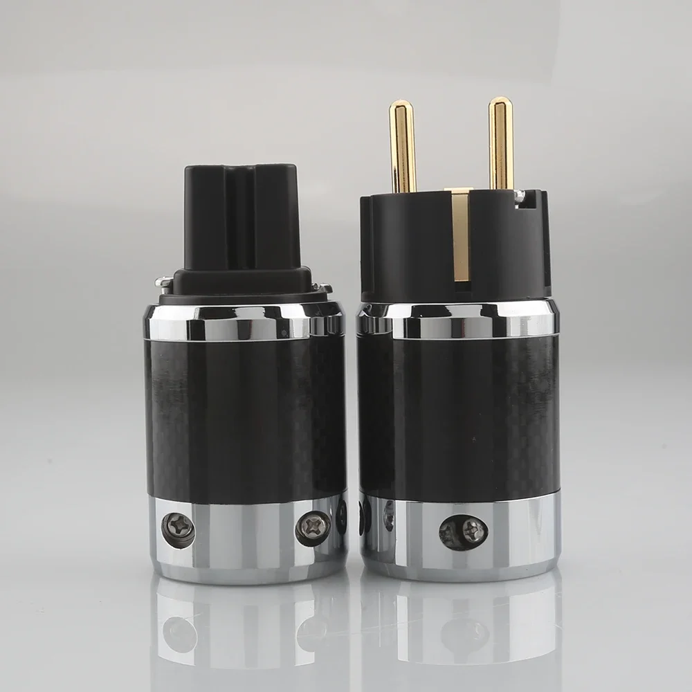 Pair Hi End Audiocrast CFG Unprinted Carbon Fiber Gold Plated Schuko EU Power Plug Connector IEC Female Connector