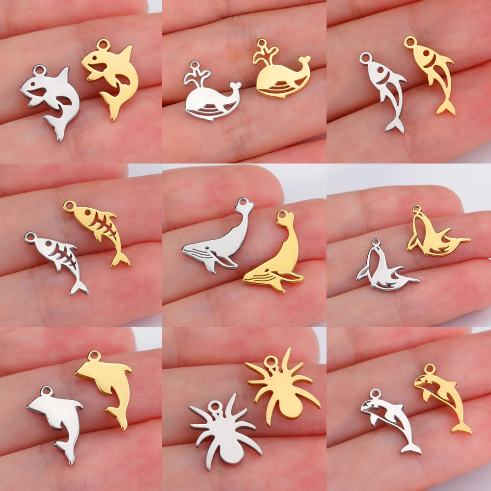5Pcs Marine Animals Charms For Nacklace Bracelet Making Stainless Steel Whale Dolphin Fish Jewelry Accessories Wholesale