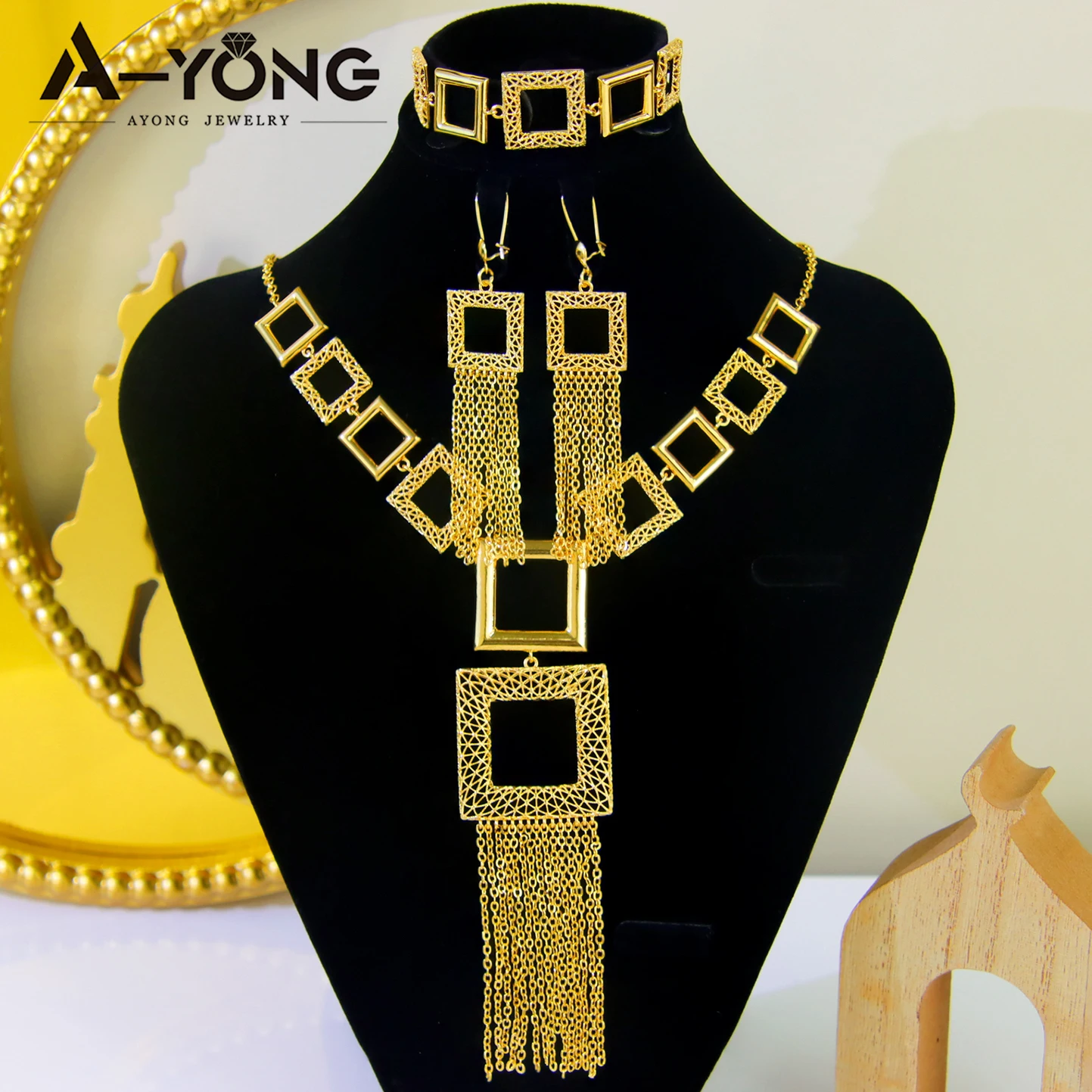 Arabic Abaya Tassel Jewelry Sets 21k Gold Plated African Vintage Ethnic Necklace Bracelet Earrings Middle East Wedding Jewelrys