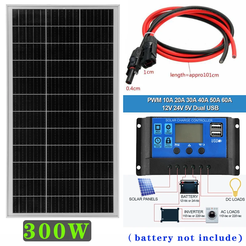 300W Solar Panel 18V Rigid Glass Solar Panel Monocrystalline Cell High-efficiency Charging Outdoor Solar Cells For Home/Camping