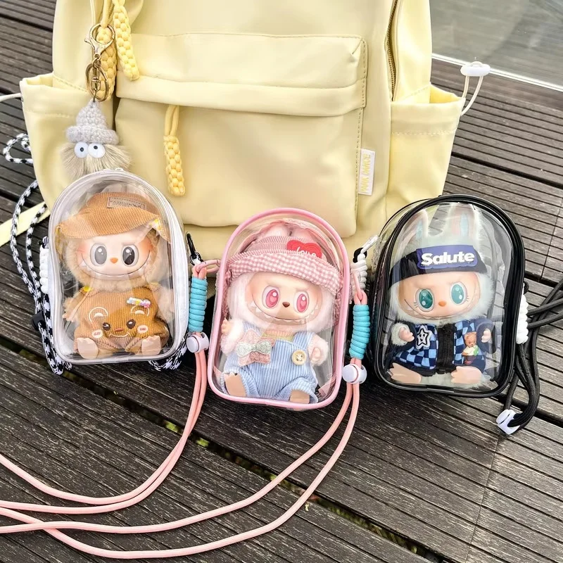 Boneca de algodão crossbody saco protetor 15cm labubu pvc armazenamento à prova de poeira caso de exibição festa posição sentada bonito brinquedo acessório