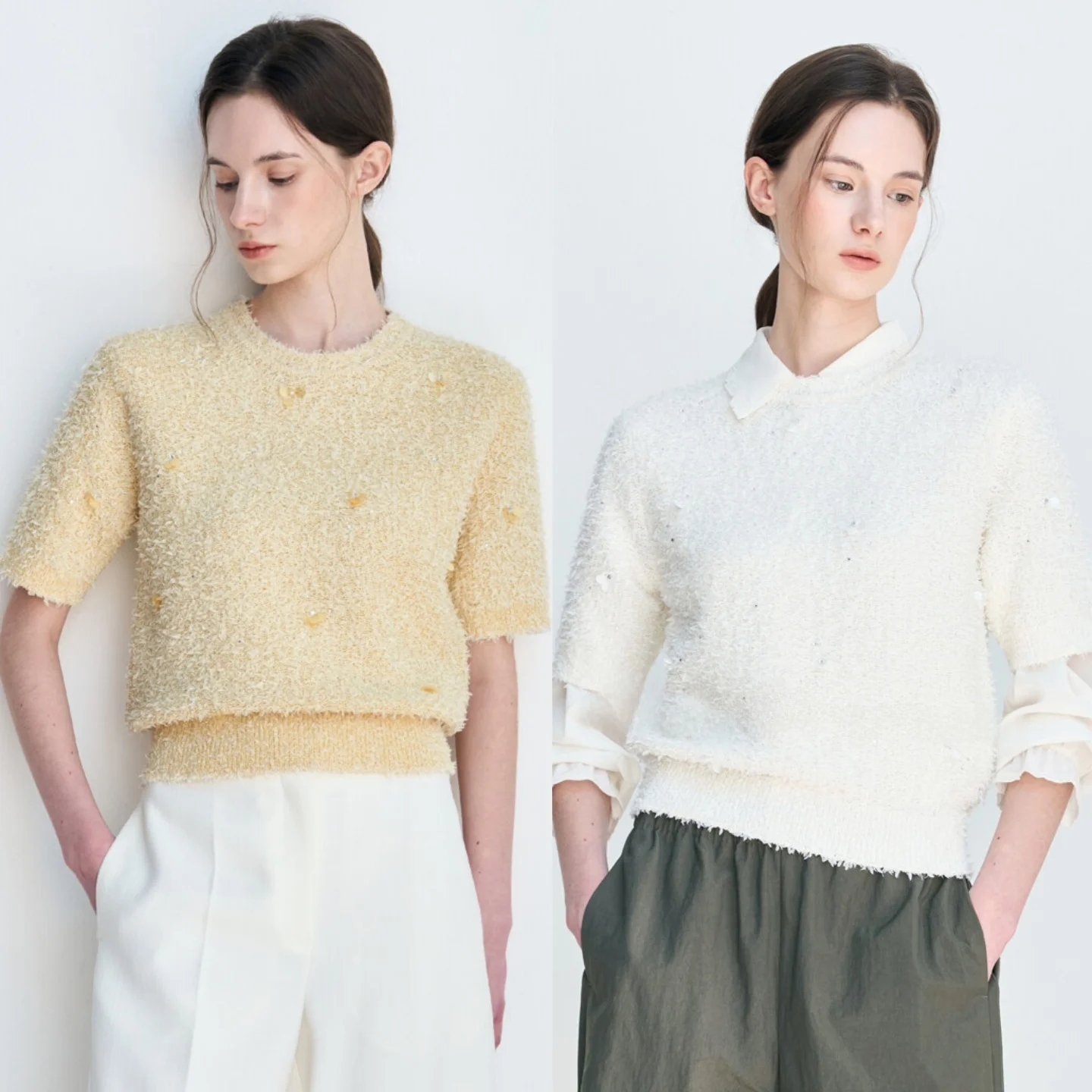 

Elegant Korean Style Knitted Sweater round Neck Short Sleeve Shiny Sequin Little Flower Design Slimming Top for Commuting