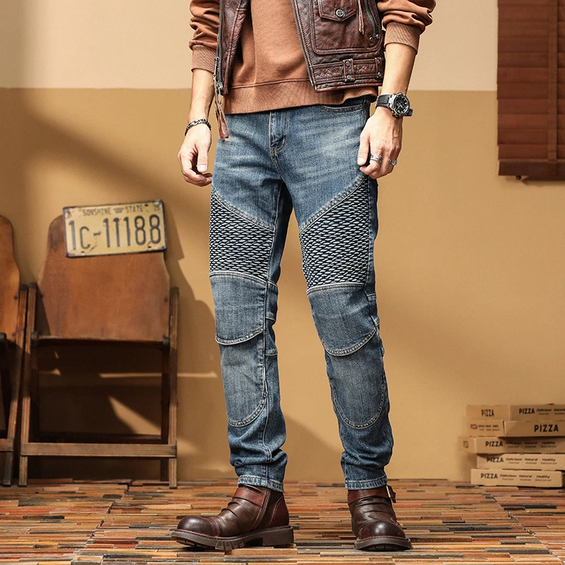 

American High-End Motorcycle Waed Slim Fit Jeans Men's Trendy Brand Casual Long Pants Cotton Elastic Leisure Autumn Jeans