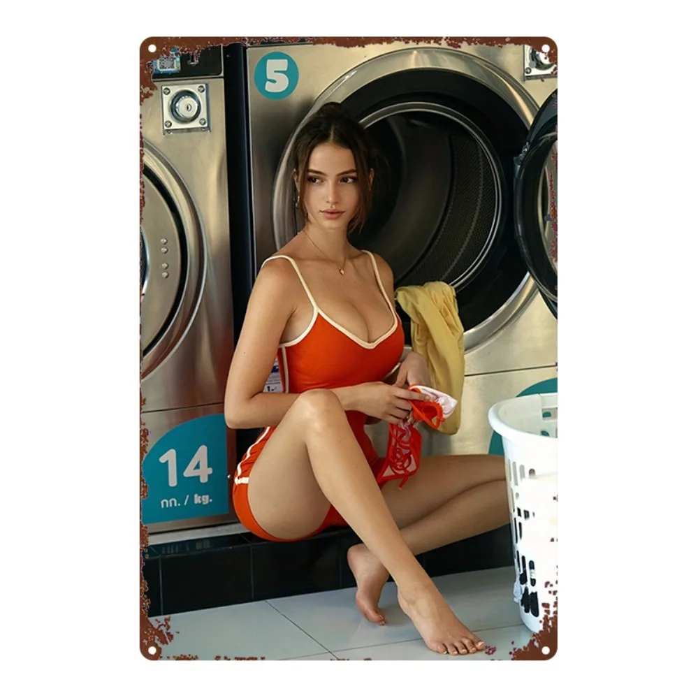 Laundry Metal Sign, Retro Woman & Washer Rustic Tin Plaque 8x12 inch, Vintage Home Gym Office Wall Art Decor