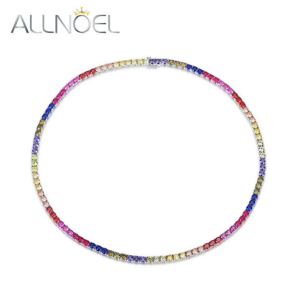 

ALLNOEL 925 Sterling Silver Necklace for Women Colorful Rainbow Cubic Zirconia Full Circle Tennis Chain 45cm Boho Jewelry Gifts