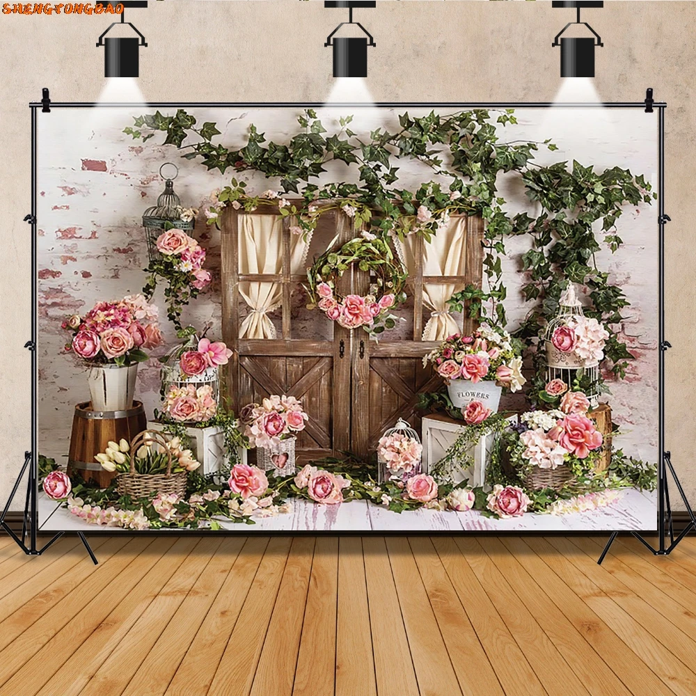 อีสเตอร์ฉากหลังพวงหรีดดอกไม้ฤดูใบไม้ผลิ Courtyard ประตูเด็ก Portrait ไม้ประตูอิฐผนังการถ่ายภาพพื้นหลังตกแต่ง Photo Studio