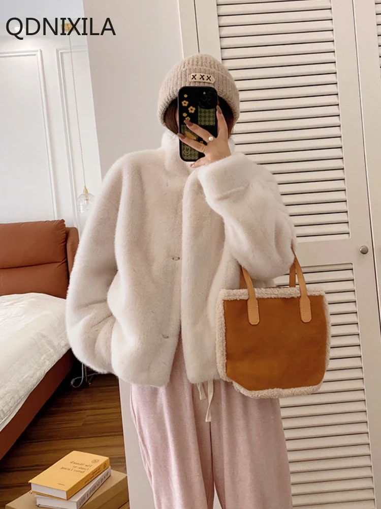 

Women's Imitation Velvet Mink Coat, Stand-up Collar, Environmentally Friendly Fur Coat, Winter Coats, 2024