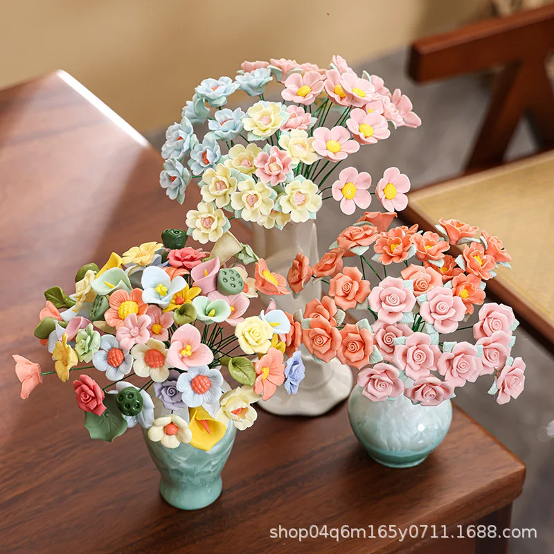 Handmade Ceramic Flower Bouquet Artisanal Hand-Pinched Floral Arrangement Home Table Vase Decor Wedding Party Centerpiece Gift