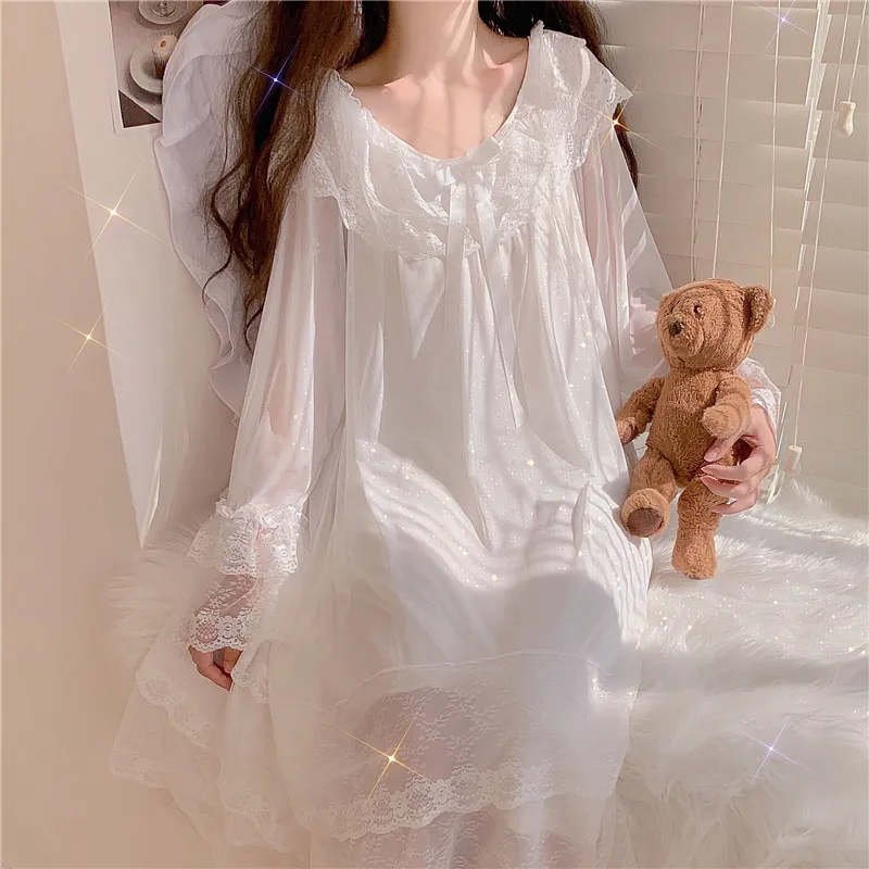 Women's Ultra Soft Lace Sleepwear Long Sve Princ Sle Nightgown for Women Home Sweet Home Spring Summer White Net Gown 4