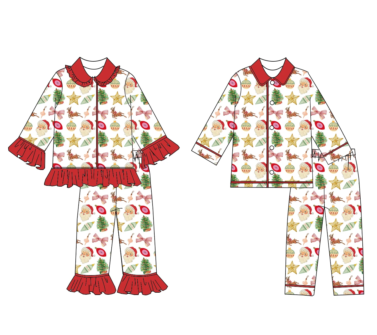 Boutique Hot-Selling Girls' Boys' Outfit Lapel Long-style with Ruffled Button Christmas Candy Print Custom Wholesale