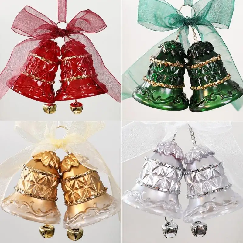 Plastic Christmas Tree Ornament with Double Bells, See-Through Finish, Decorative Bowknot Top, and Hanging Loop