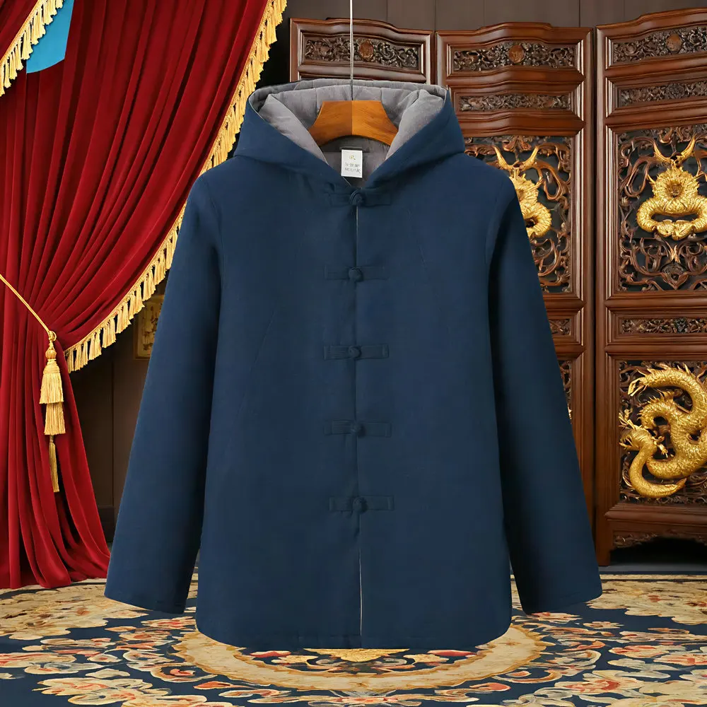 

Gentlemen's Hooded Quilted Coat Blue Black Linen Padded Jackets Men Retro Cosy Leisure Outerwear Oriental Clothes 2025 Attire