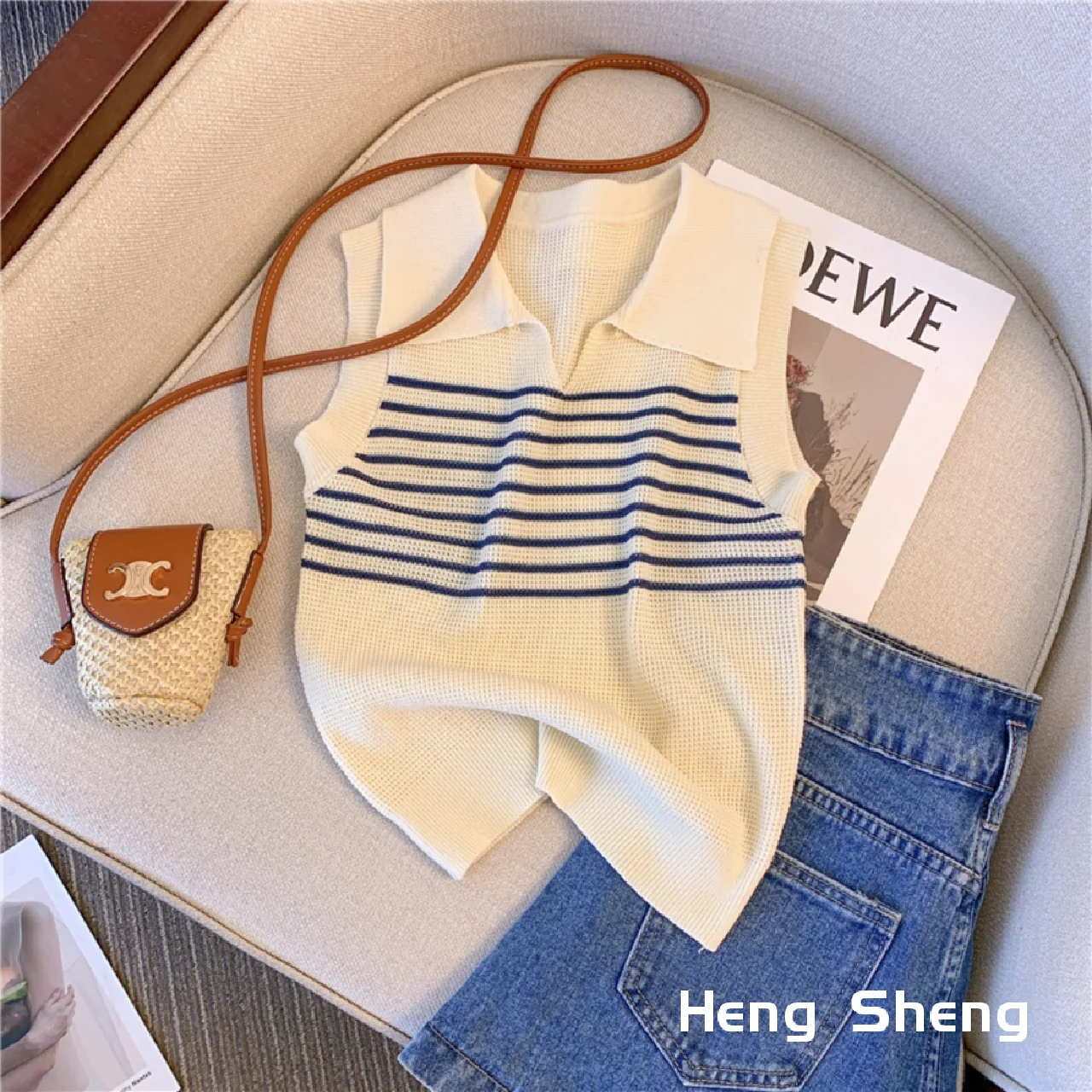 Athflow Y2K Grunge Style Young Women\'s Fashion Polo Striped Knitted Tank Slim Fit Sleeveless Top
