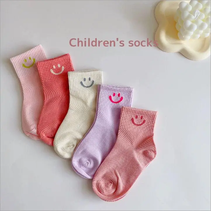 5 Pairs Kids' Breathable Summer Socks Set - Colorful Trendy Smiling Face Design Dopamine-friendly Mesh-lined Comfortable Kids Fo