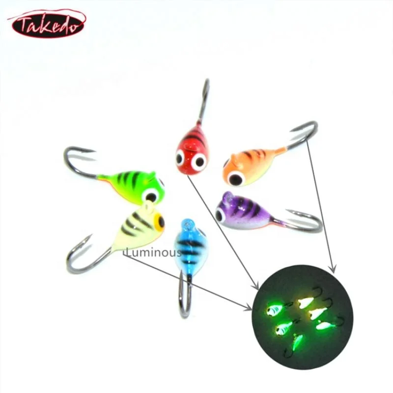 TAKEDO 6PCS/BAG 20MM 1.7G Luminous Jigging Lure Lead Head Fishing Hook Winter Fishing Jigging Bait For Carp Bass