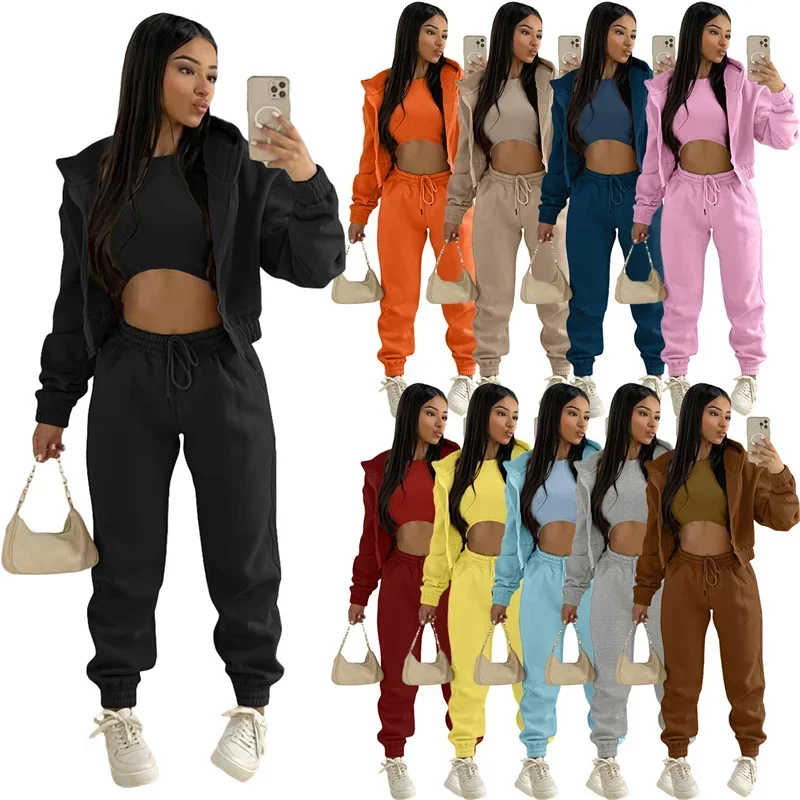 Active Wear 3 Piece Sets Womens Outfits Tracksuit Hooded Jacket Top + Vest + Sweatpants Sporty Suit Fitness Casual Matching Sets