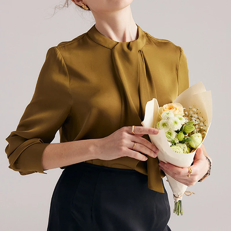 Real Silk Shirt for Women Spring Summer Olive Green/Off-White Long Sleeve Scarf Collar Commuting OL Wind Blusa Femin