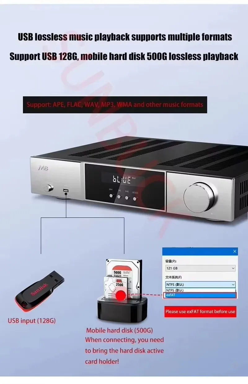 SUNBUCK M8 TPA3251 2.0 power 500W Amp Fiber Coaxial USB Bluetooth Amplifier Remote Control Class D HiFi Stereo Audio Amplifier