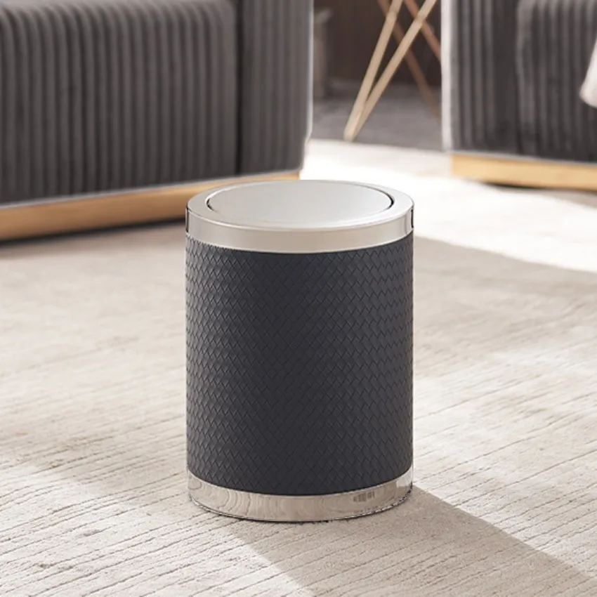 Light Luxury Stainless Steel Leather Trash Can, Large Capacity Waste Bin for Living Room Bedroom Office Studio Home